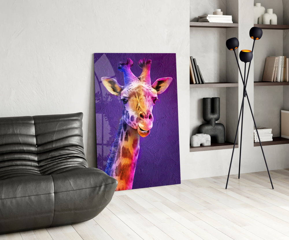 Giraffe glass print enhancing a creative office with editorial drama