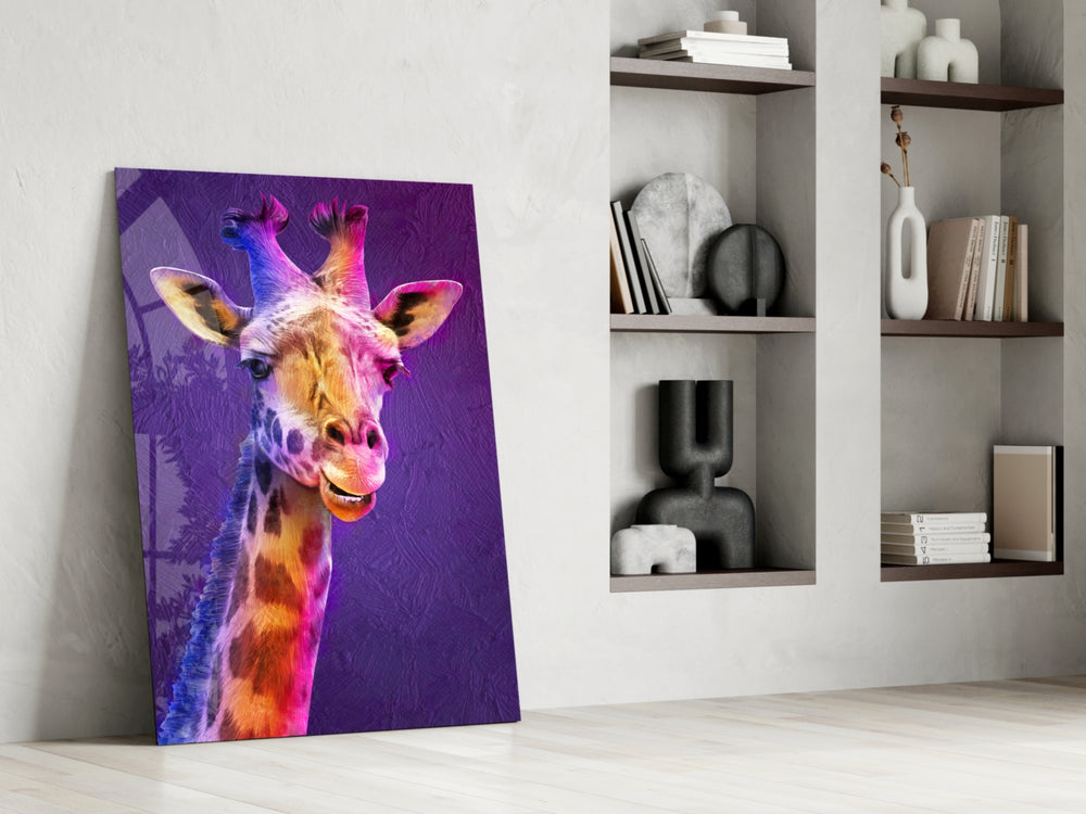 Giraffe artwork anchoring a wall with bold joyful palette