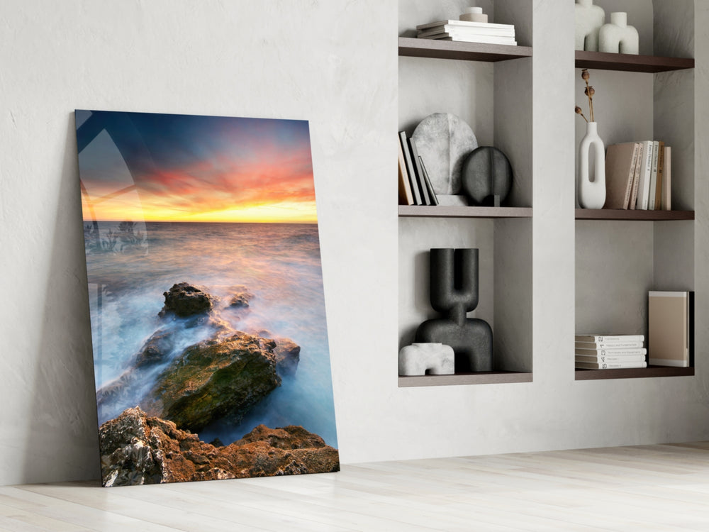 Coast Sunset artwork anchoring a wall with serene coastal palette