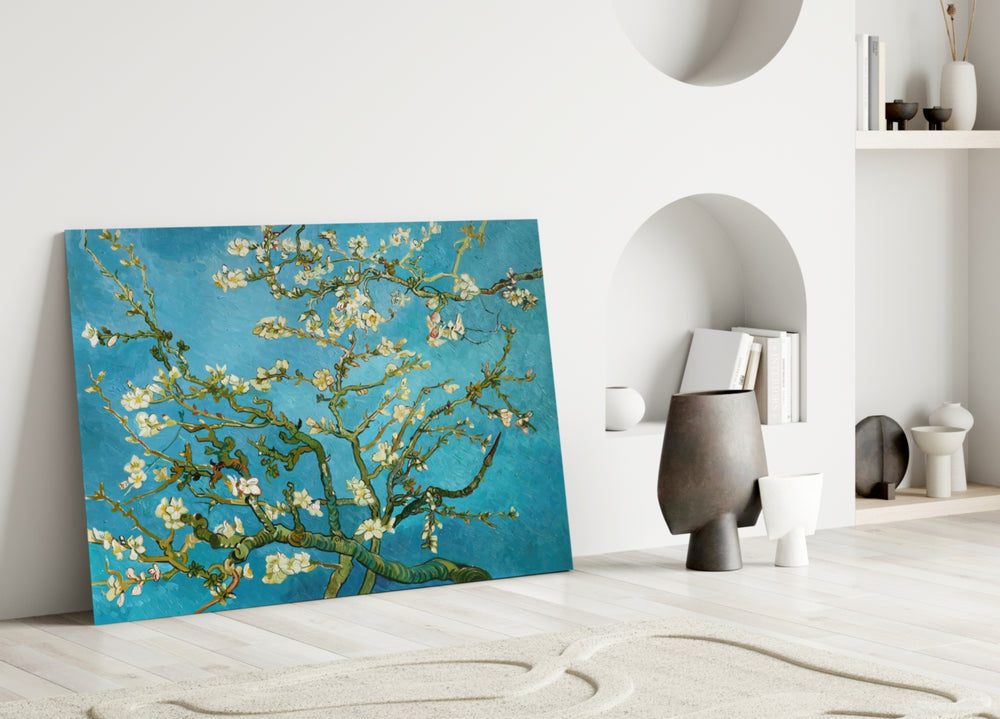 Almond Blossom glass wall art styled above a sofa in a living room