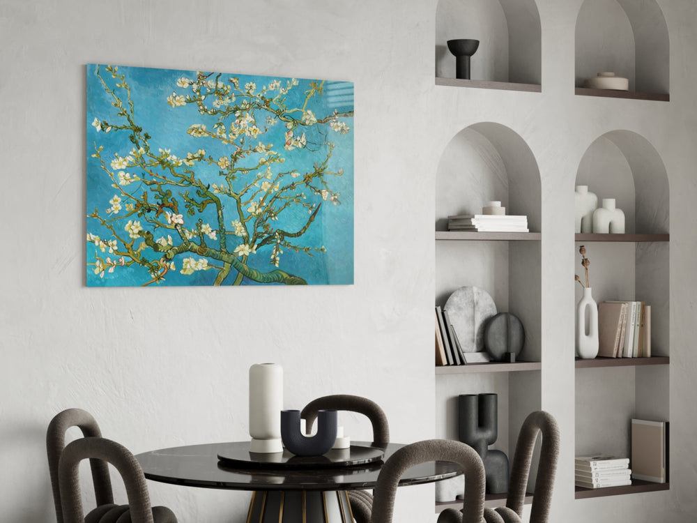 Almond Blossom glass print enhancing a foyer with editorial drama