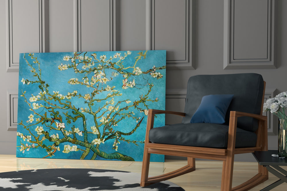 Almond Blossom artwork anchoring a wall with serene classical palette