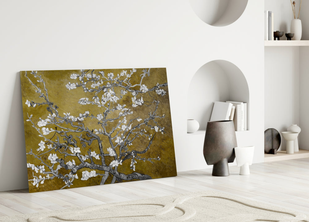 Mustard Almond glass wall art styled above a desk in a study