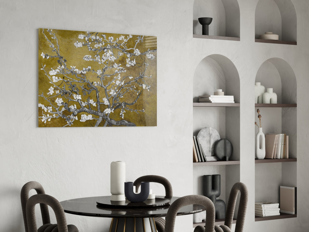Mustard Almond glass print enhancing a guest room with editorial drama