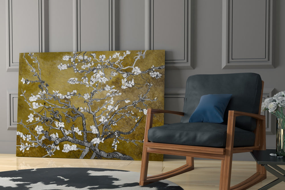 Mustard Almond artwork anchoring a wall with moody warm palette