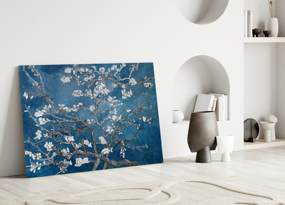 Cobalt Almond glass wall art styled above a sofa in a living room