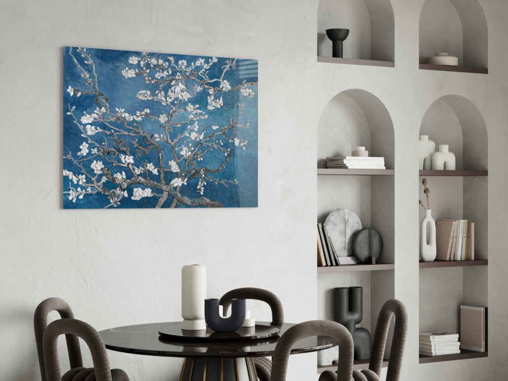 Cobalt Almond glass print enhancing a foyer with editorial drama