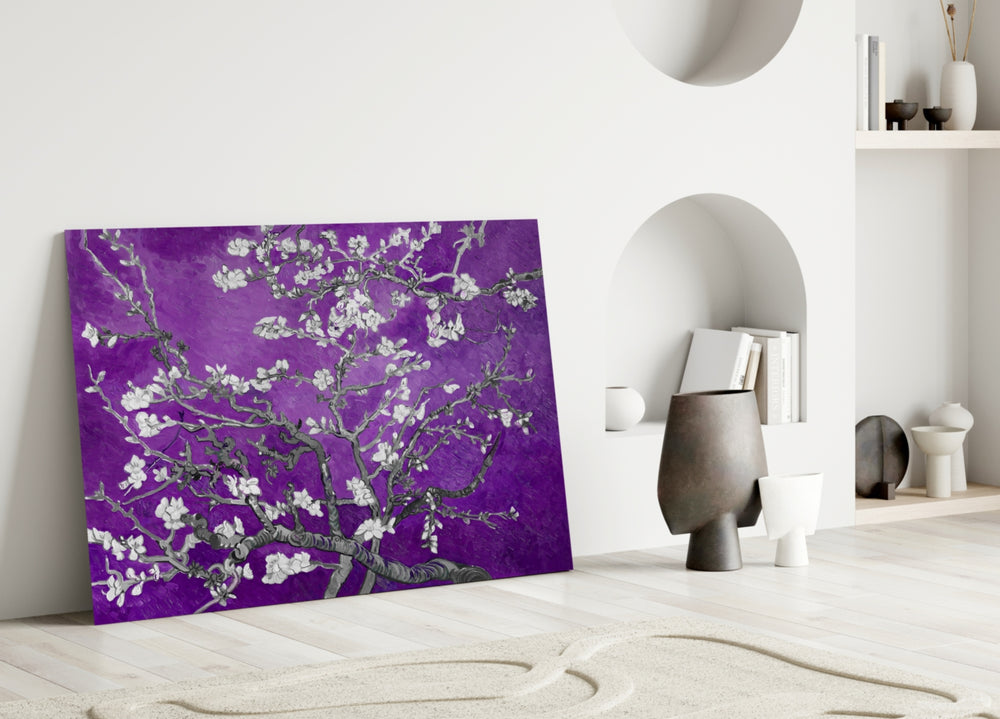 Violet Almond glass wall art styled above a vanity in a powder room