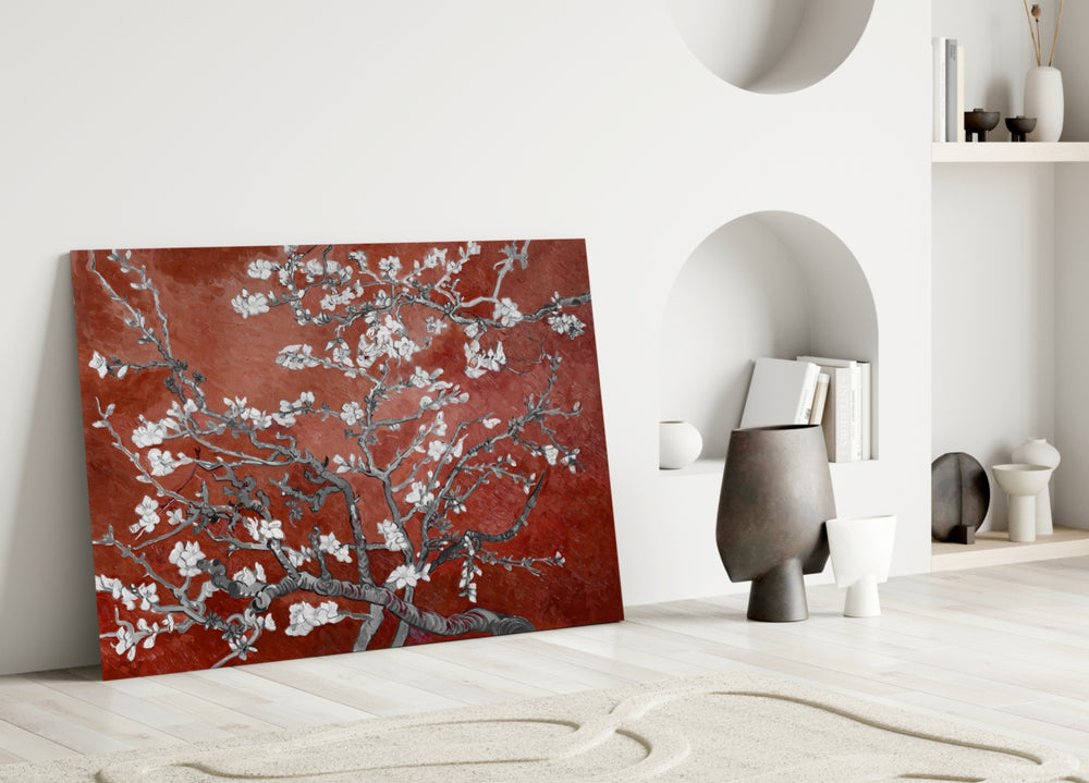 Rust Almond glass wall art styled above a desk in a study