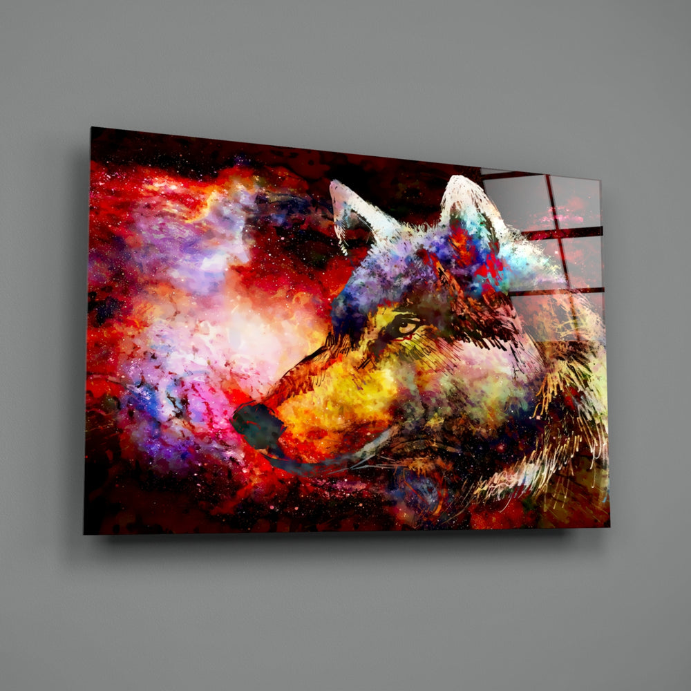 Close-up detail of crimson and cobalt splash around the wolf's eye