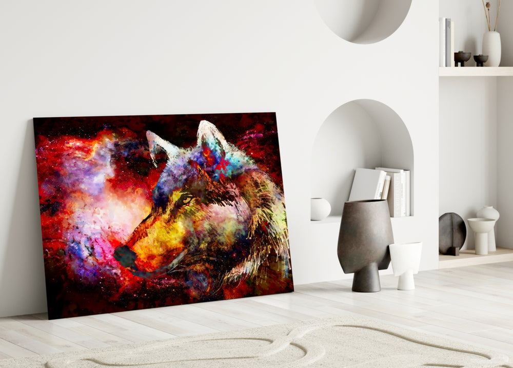 Wolf glass wall art styled above a desk in a man's office