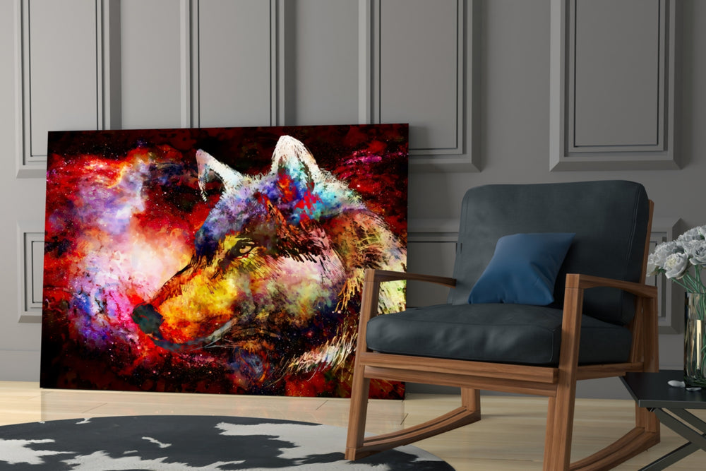 Wolf artwork anchoring a wall with bold mystical palette