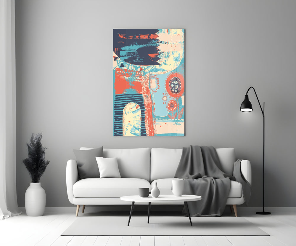 Memphis glass wall art styled above a desk in a creative office
