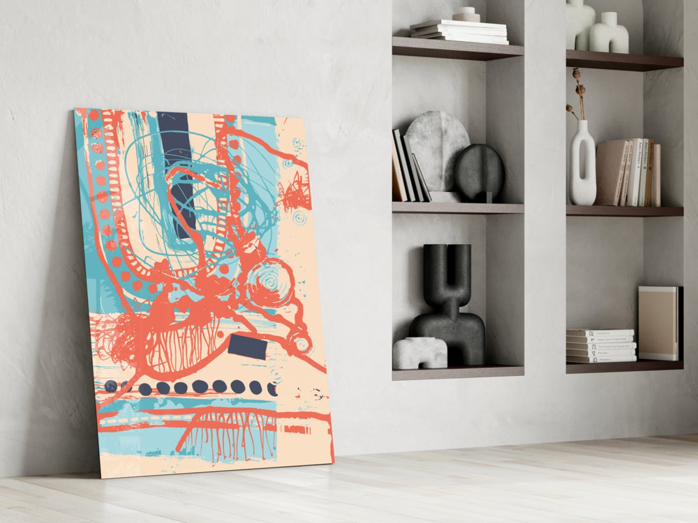 Scribble artwork anchoring a wall with bold kinetic palette