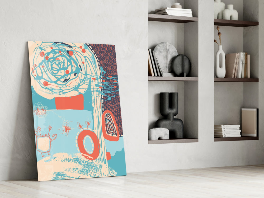 Doodle artwork anchoring a wall with whimsical soft palette