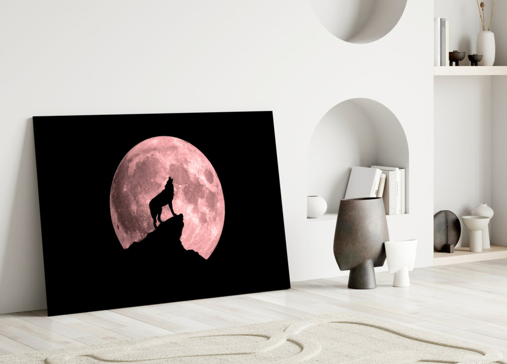 Pink Moon Wolf glass wall art styled above a desk in a man's office