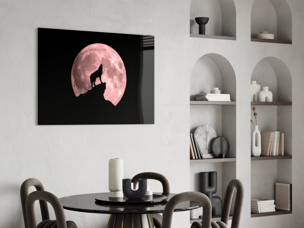 Pink Moon Wolf glass print enhancing a foyer with editorial drama