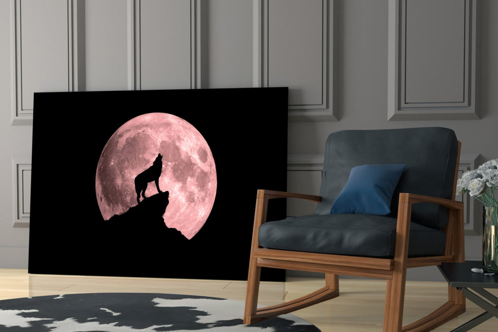 Pink Moon Wolf artwork anchoring a wall with moody mystical palette