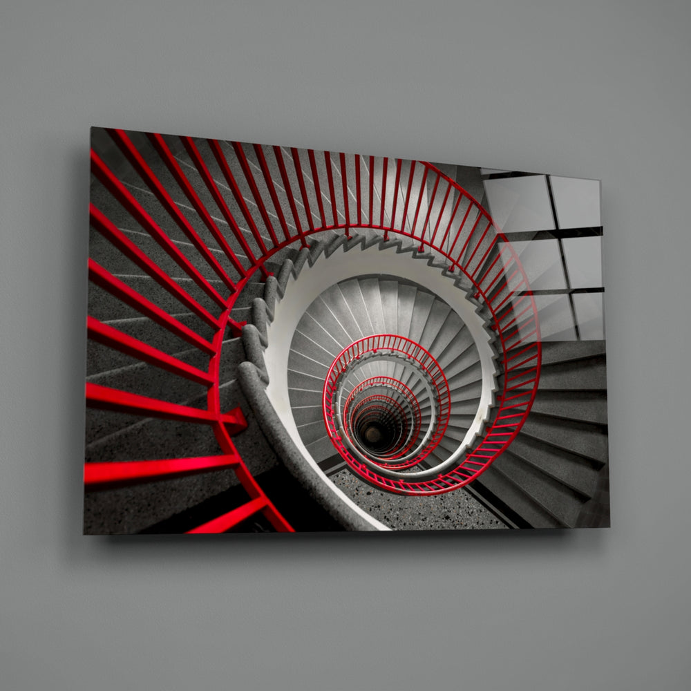 Close-up detail of crimson rails coiling around the helical steps