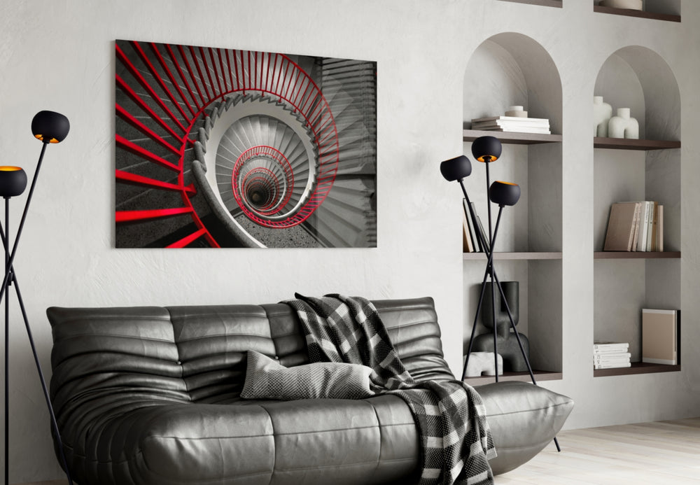 Red Spiral panel adding editorial mood to a stairwell