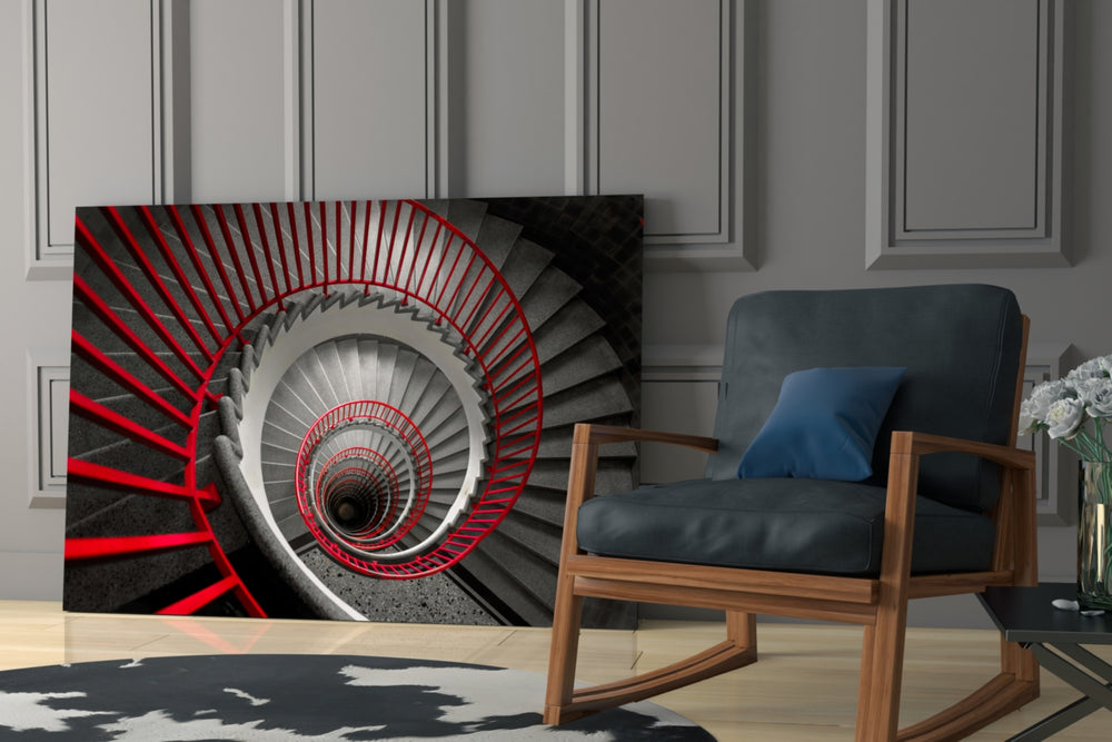 Red Spiral artwork anchoring a wall with bold architectural palette