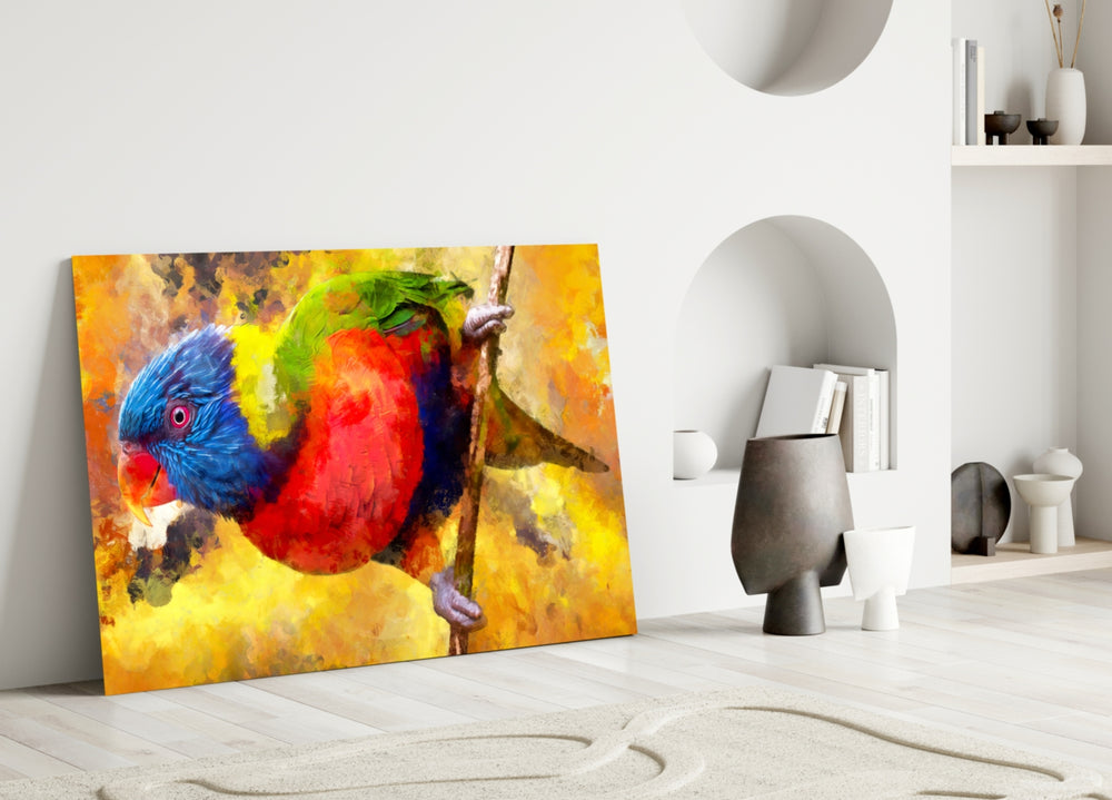 Lorikeet glass wall art styled above a desk in a sunroom
