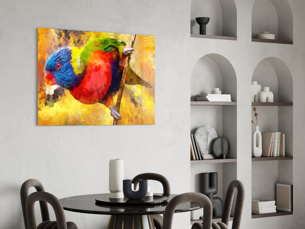 Lorikeet glass print enhancing a foyer with editorial drama