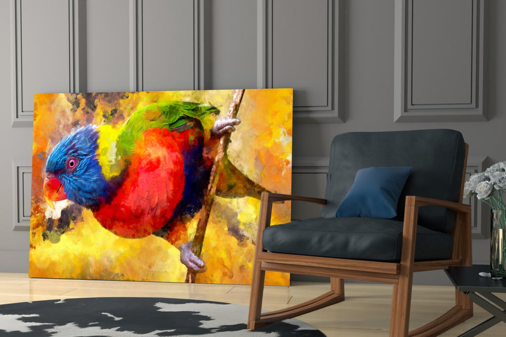 Lorikeet artwork anchoring a wall with bold tropical palette