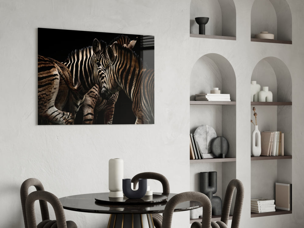 Zebras glass print enhancing a foyer with editorial drama