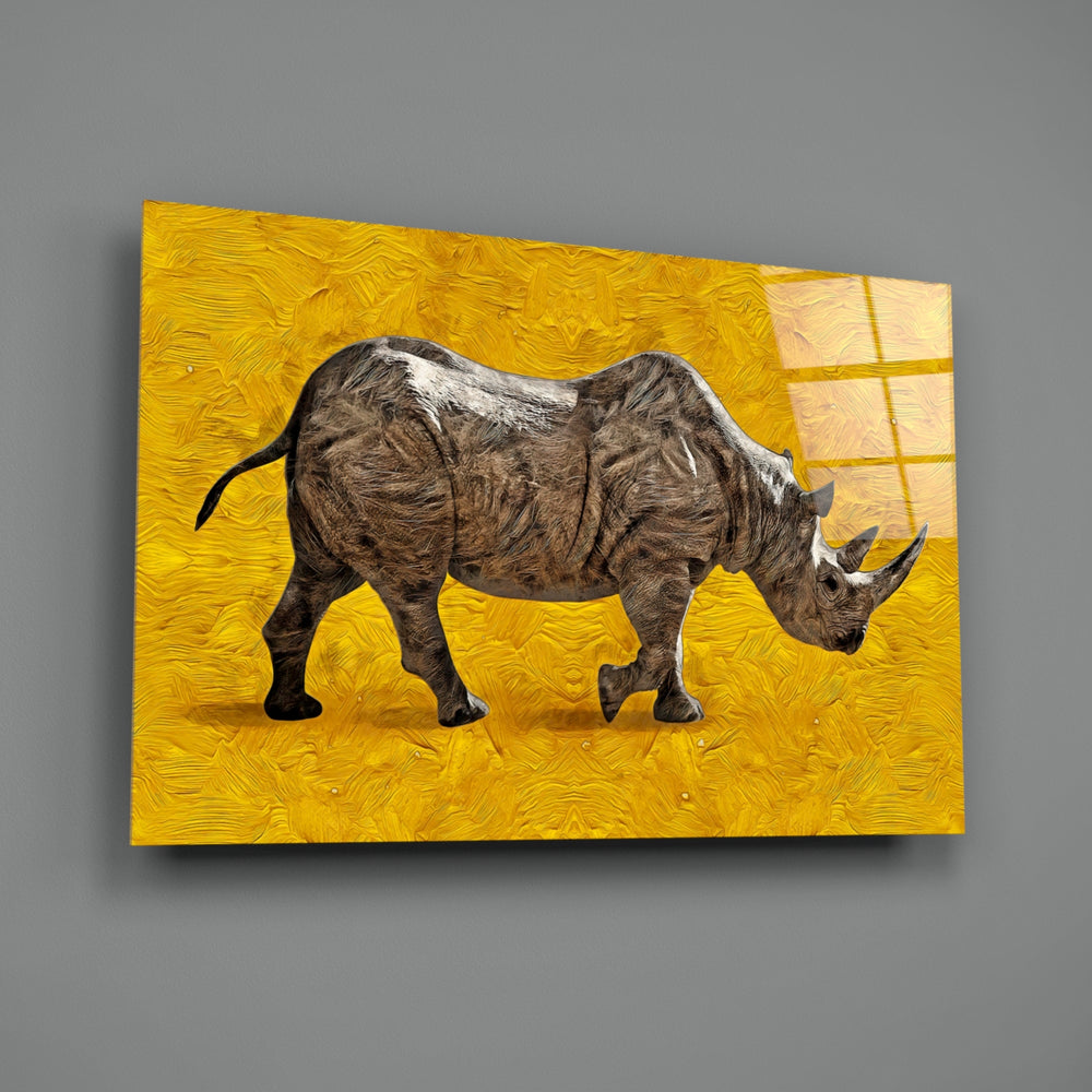 Close-up detail of charcoal rhino against saffron stripes