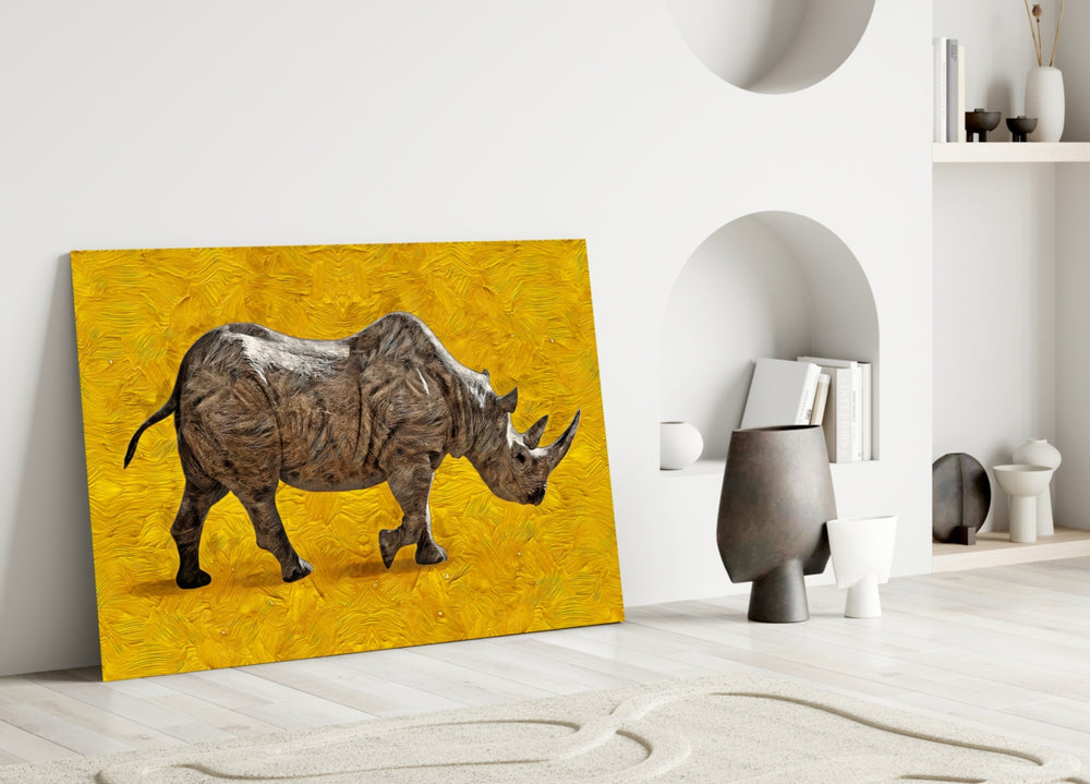 Saffron Rhino glass wall art styled above a desk in a man's office