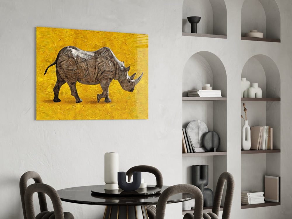 Saffron Rhino glass print enhancing a foyer with editorial drama