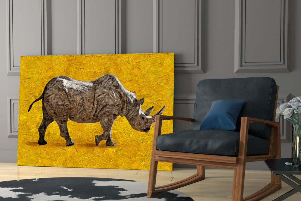 Saffron Rhino artwork anchoring a wall with bold naturalist palette