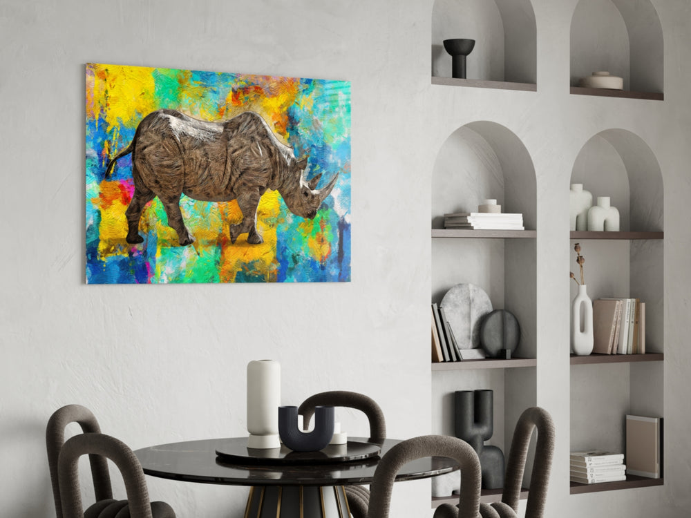 Color Splash Rhino glass print enhancing a foyer with editorial drama