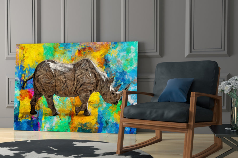 Color Splash Rhino artwork anchoring a wall with bold kinetic palette