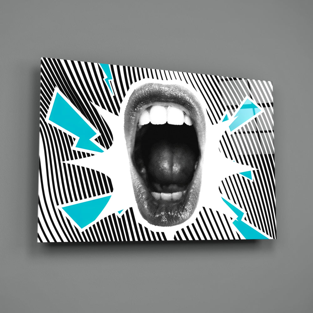 Close-up detail of ivory teeth amid teal halftone burst