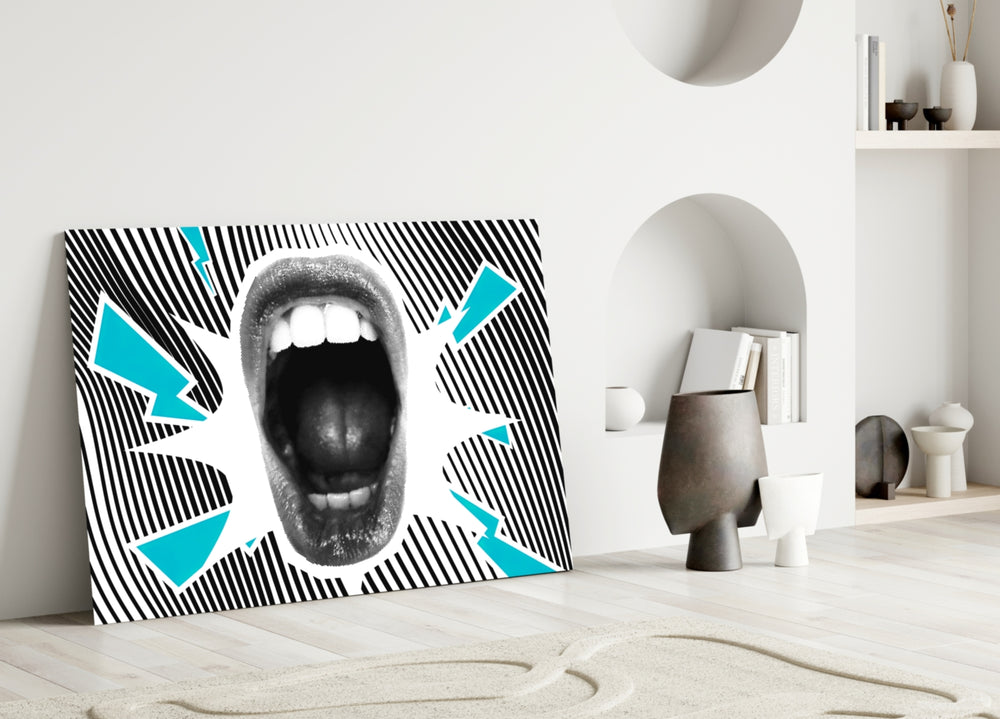 Scream glass wall art styled above a desk in a creative office