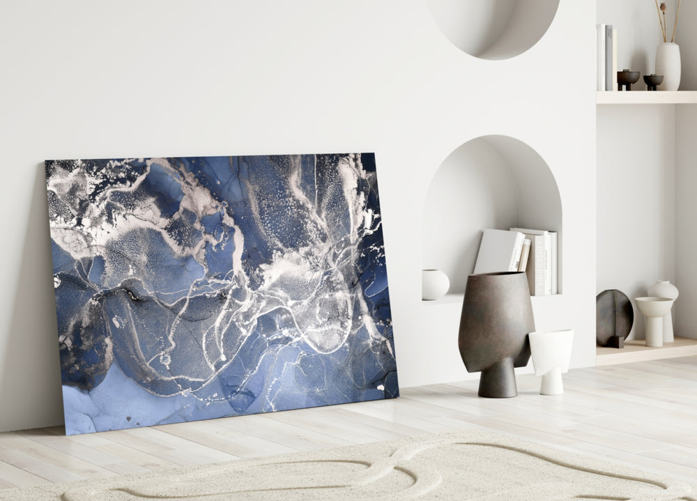 Sapphire Marble glass wall art styled above a bed in a master bedroom