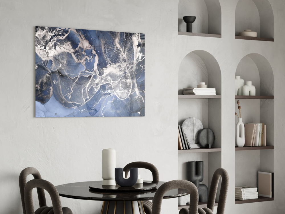 Sapphire Marble glass print enhancing a foyer with editorial drama