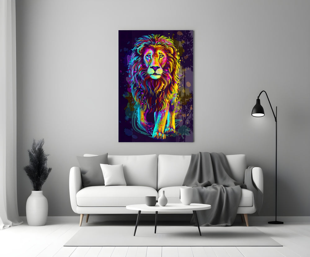 Neon Lion glass wall art styled above a desk in a man's office