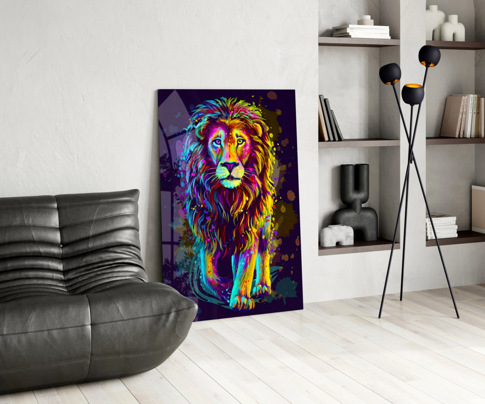 Neon Lion glass print enhancing a foyer with editorial drama