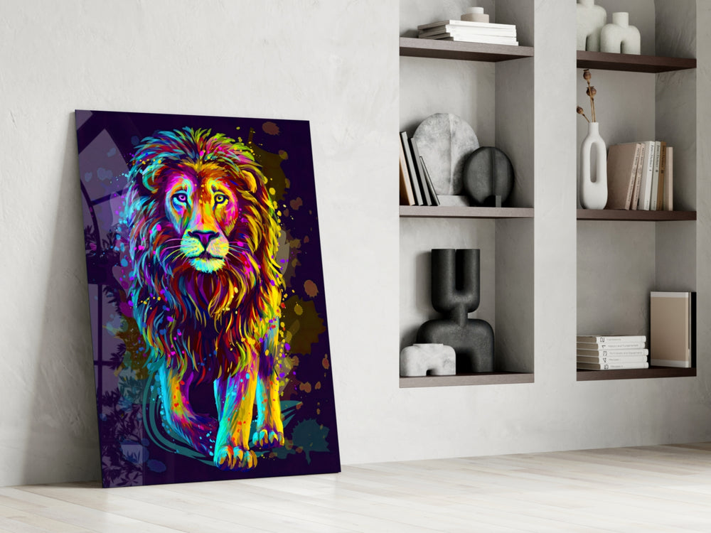 Neon Lion artwork anchoring a wall with bold kinetic palette