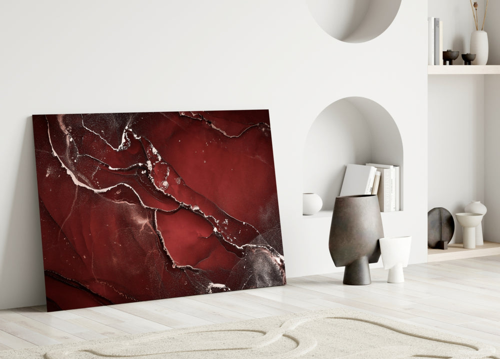 Crimson Marble glass wall art styled above a desk in a study