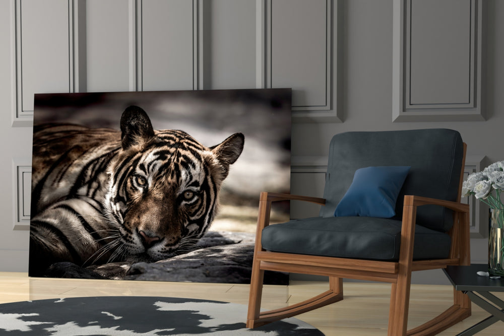 Resting Tiger artwork anchoring a wall with moody naturalist palette