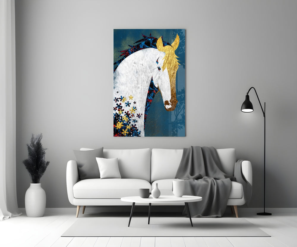 Floral Horse glass wall art styled above a desk in a creative office