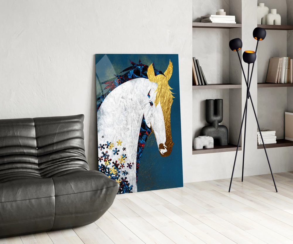 Floral Horse glass print enhancing a foyer with editorial drama