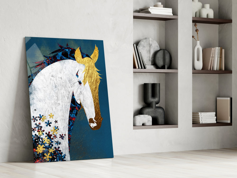 Floral Horse artwork anchoring a wall with bold romantic palette