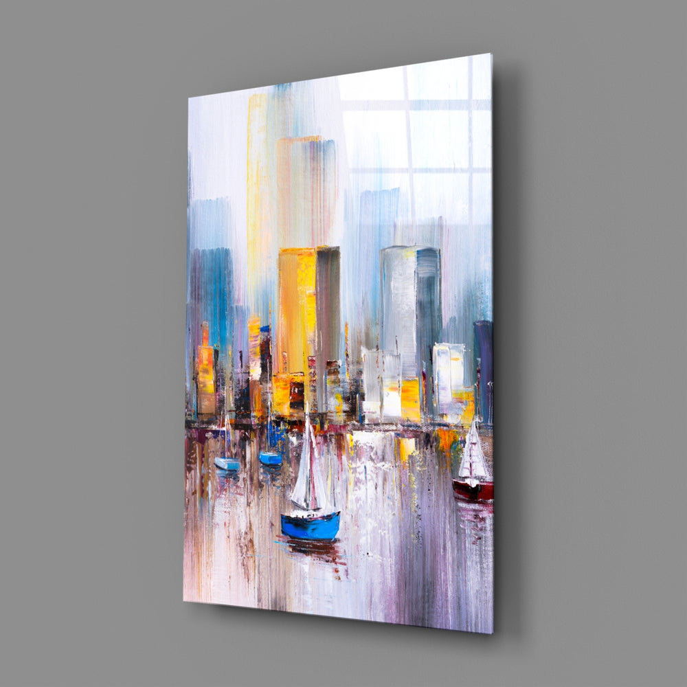 Close-up detail of palette-knife skyscrapers and harbor sailboats