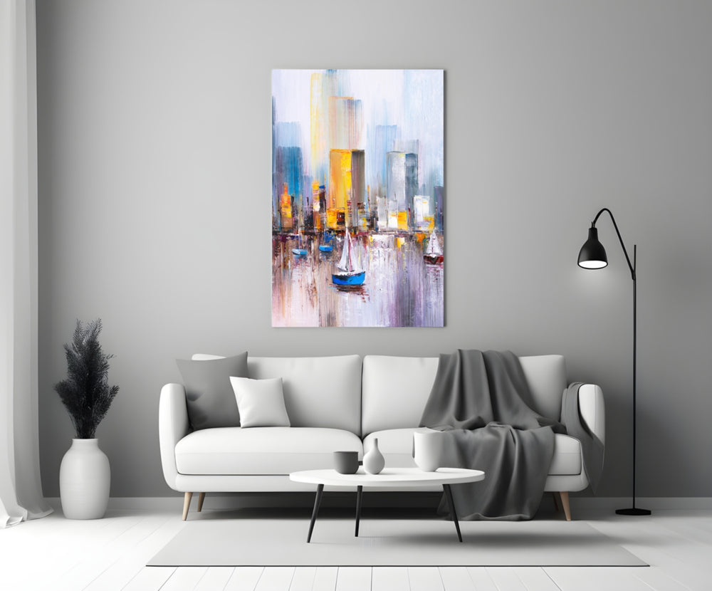 Harbor City glass wall art styled above a sofa in a living room