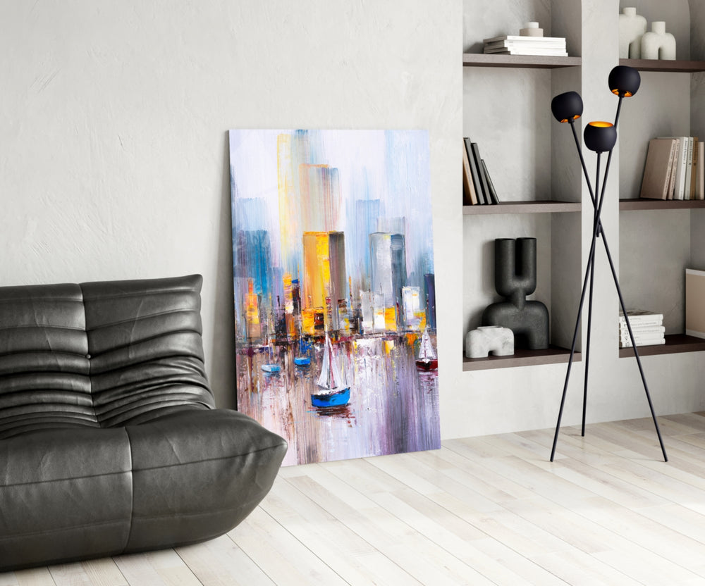 Harbor City glass print enhancing a foyer with cinematic drama